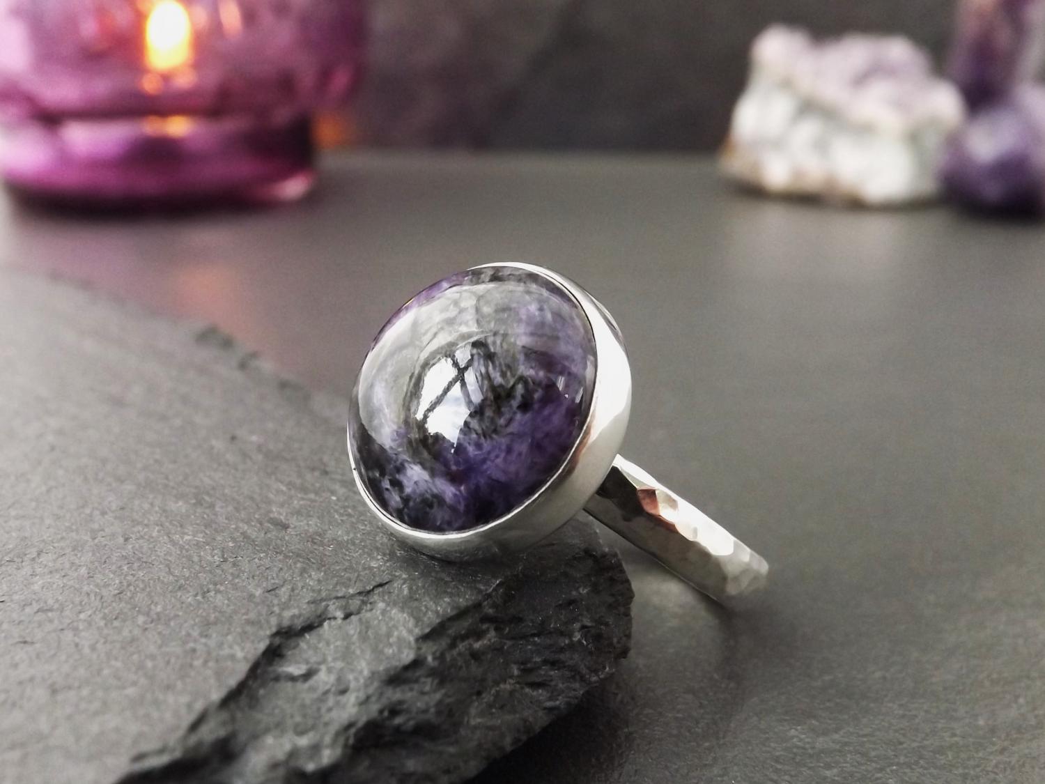 Charoite Hammered Silver Statement Ring, size R